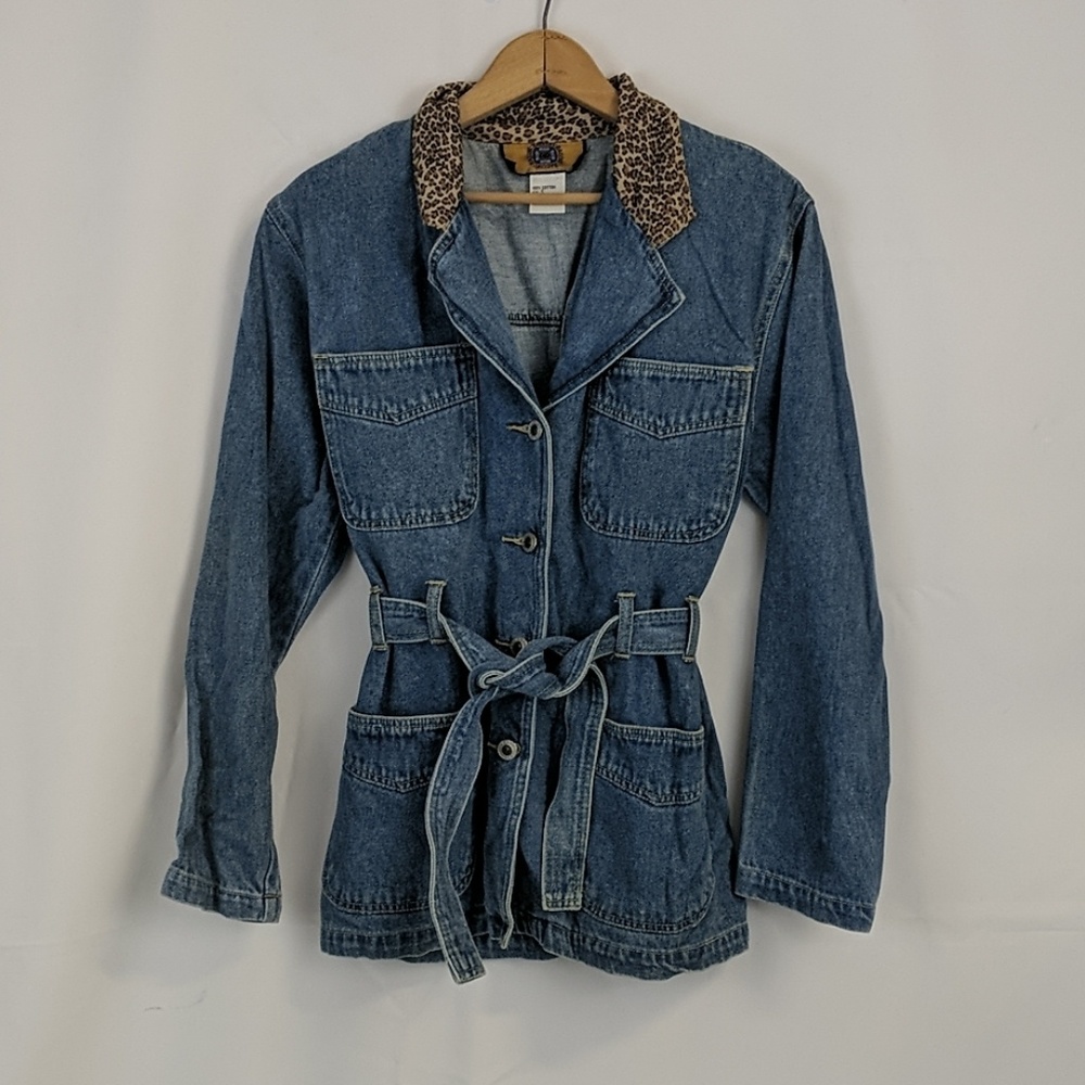 Vintage Baccini Jean Jacket With Leopard Collar S